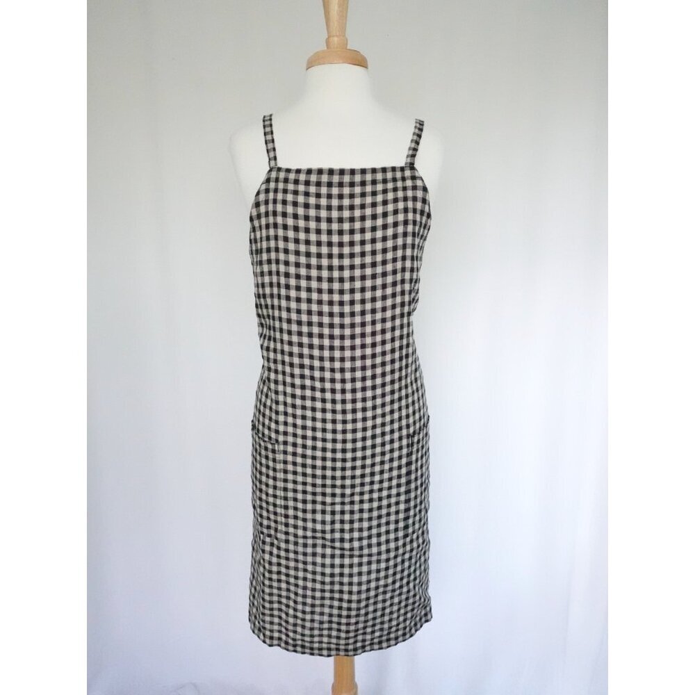 MUJI 100% Linen Gingham Check Cross-Back Apron Dress Pockets One Size